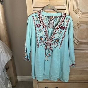 Johnny Was Aqua Embroidered V-Neck Tunic with Red Floral Accents